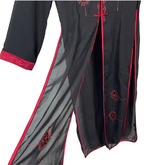 Chinese Tang Suit Top Binh Thuan Womens Black Red Long Sleeve Embroidered sz S/M - Picture 6 of 16
